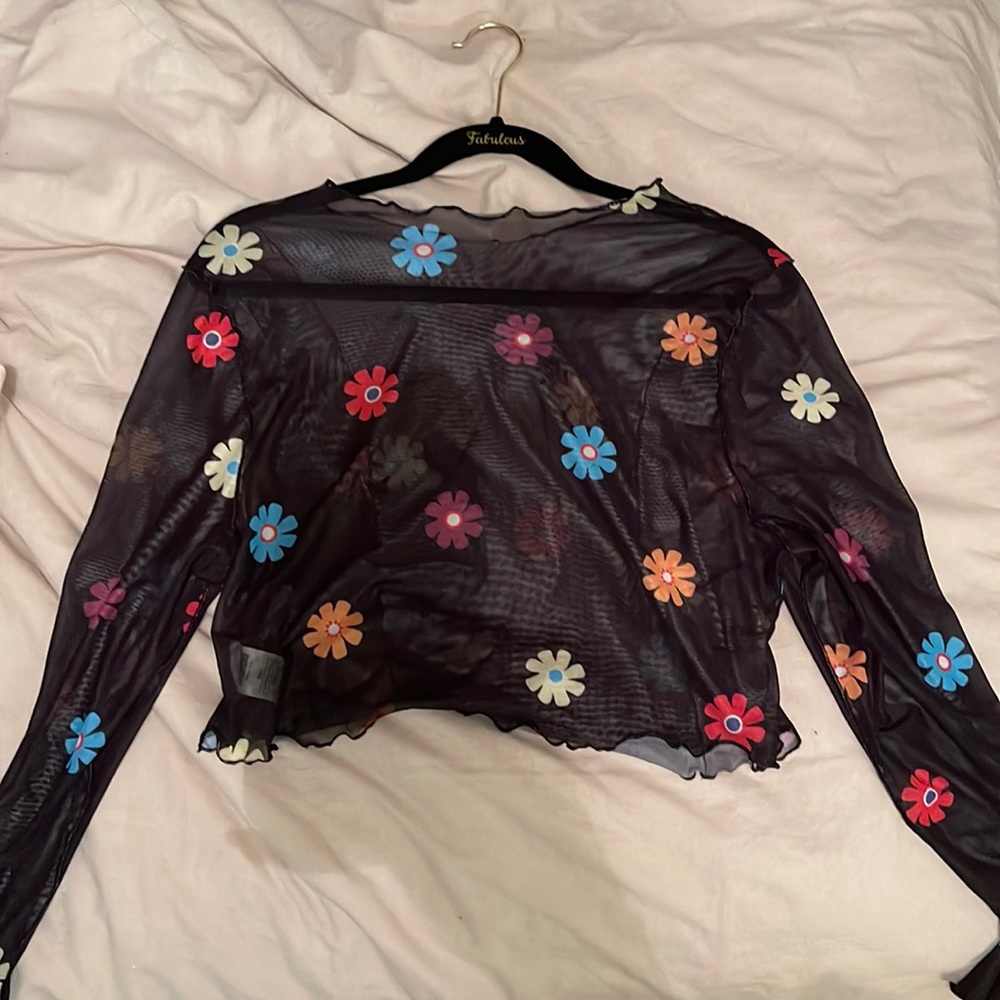 Black mesh top with floral details